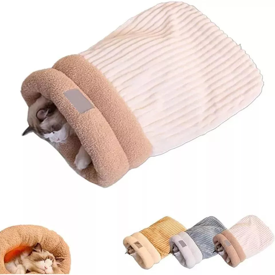 Washable cat sleeping bag, plush pet bed cavern in neutral tone, essential pet supplies for cats