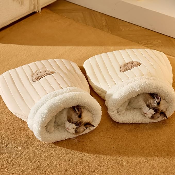 Soft cat sleeping bag, a dark plush pet bed cavern for deep, cozy sleep, washable cat cave