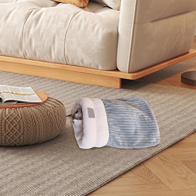 Close-up of plush cat sleeping bag interior, showing soft fabric for comfortable pet bed cavern