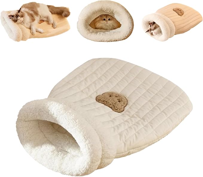 Overhead view of a gray plush cat sleeping bag, a washable pet bed cavern for small pets
