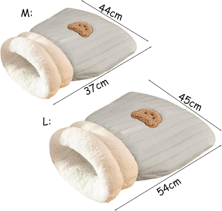 Unisex gray cat sleeping bag, plush pet bed cavern offering a secure and cozy cat cave space