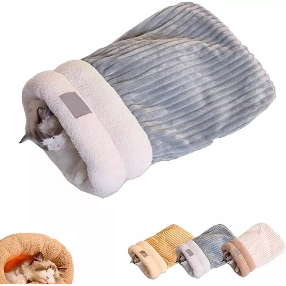 Luxury cat sleeping bag, a dark plush pet bed cavern for warmth and privacy, washable design