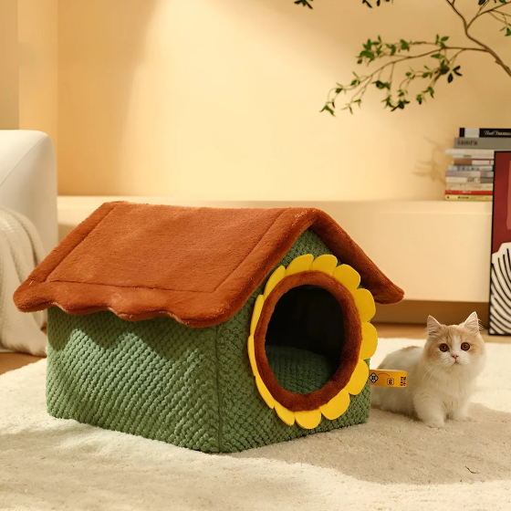 Multicolored cat bed with soft, removable cushion inside a cozy cat tent house for pets.
