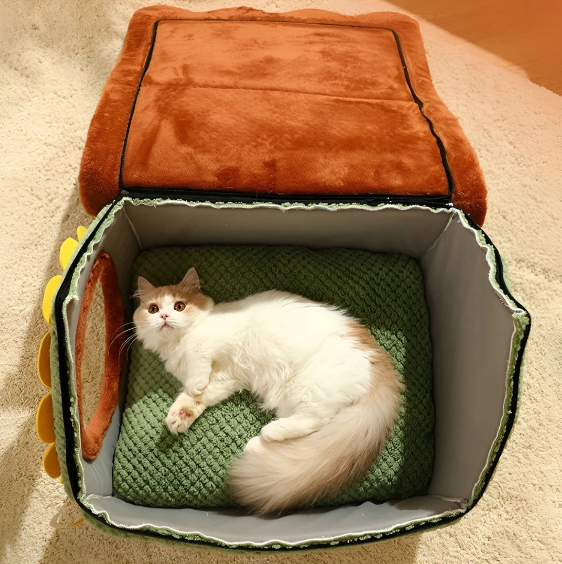 Soft cat tent bed in multicolored fabric with a deep, cozy interior for pets, removable cushion.