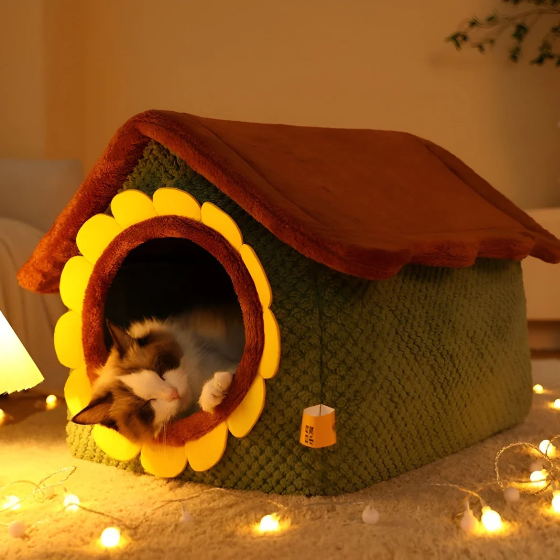 Machine washable cat bed tent, a comfortable pet house and hideaway for female cats, vibrant design.