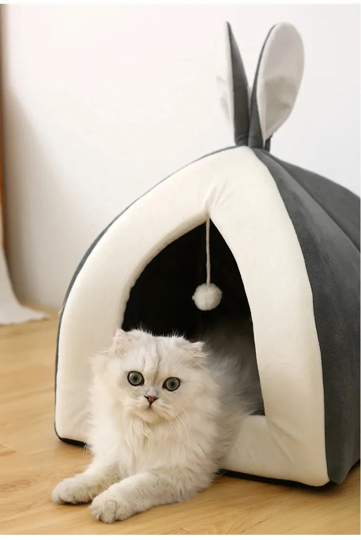 Rose cat cave bed with integrated play ball, soft and warm pet sleep and play accessory