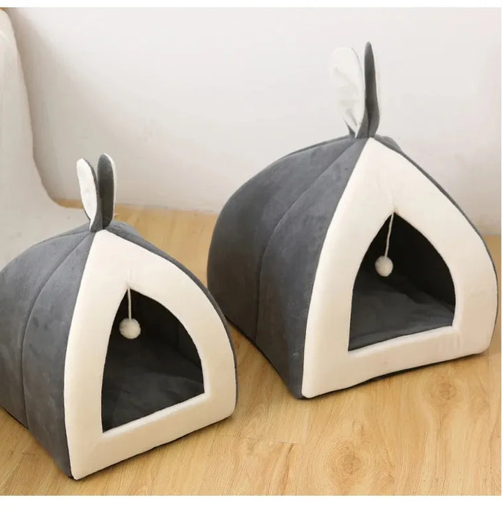 Washable gray cat bed, a cozy cave design for cats with an interactive play ball