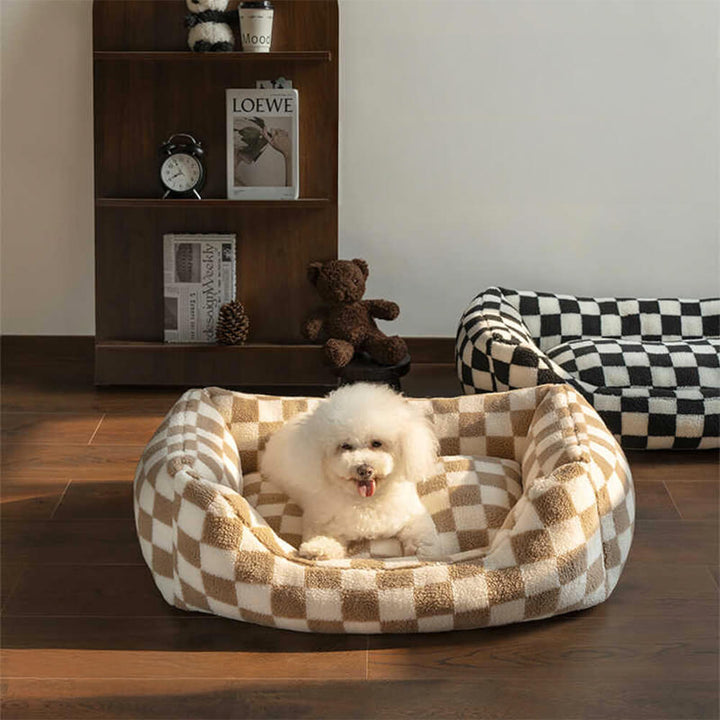 Cozy checkerboard pet sofa bed for dogs & cats, washable with removable cover, luxury pet furniture