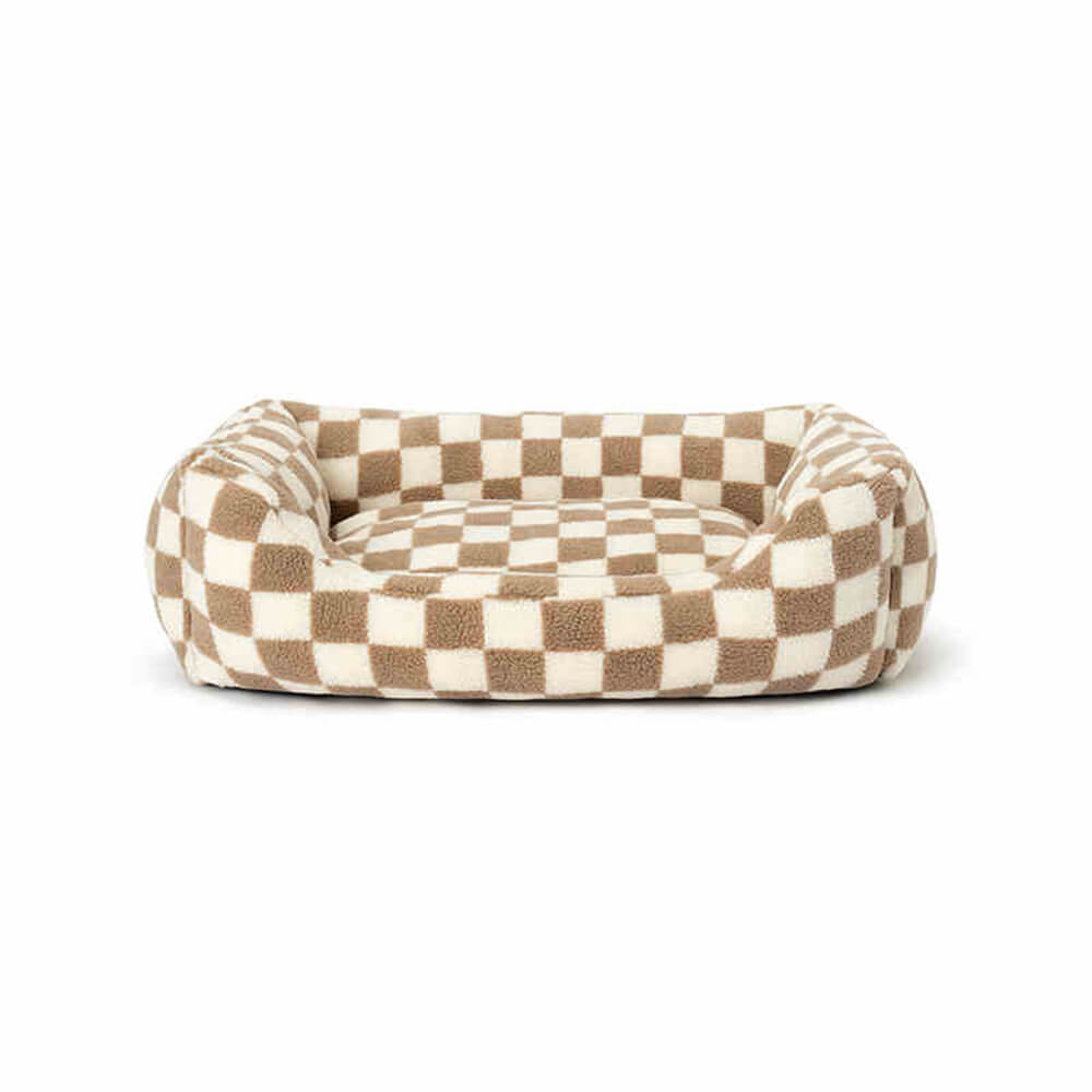 Designer checkerboard pet bed for dogs & cats, featuring a removable cover for easy washing, cozy luxury