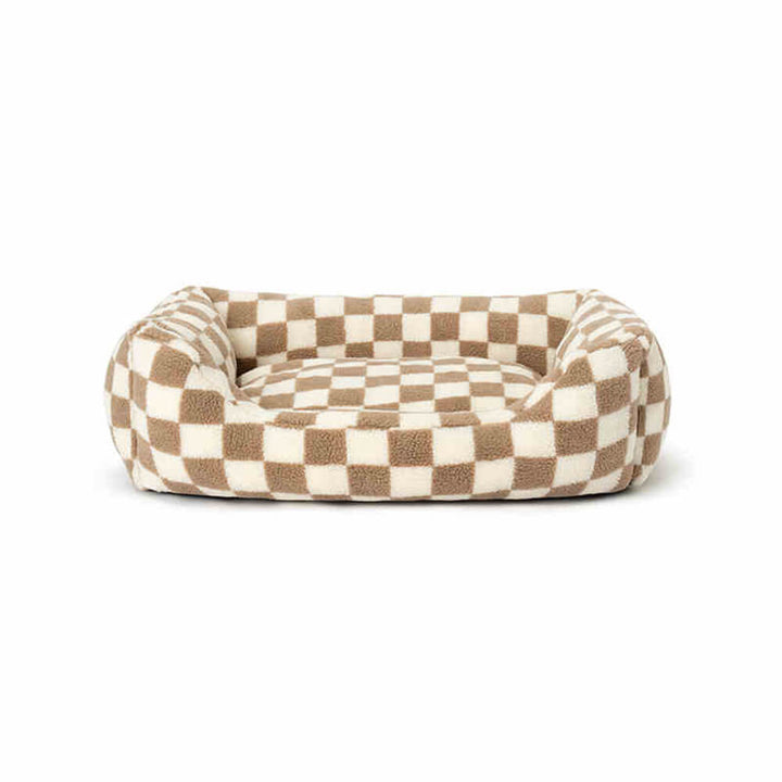 Designer checkerboard pet bed for dogs & cats, featuring a removable cover for easy washing, cozy luxury