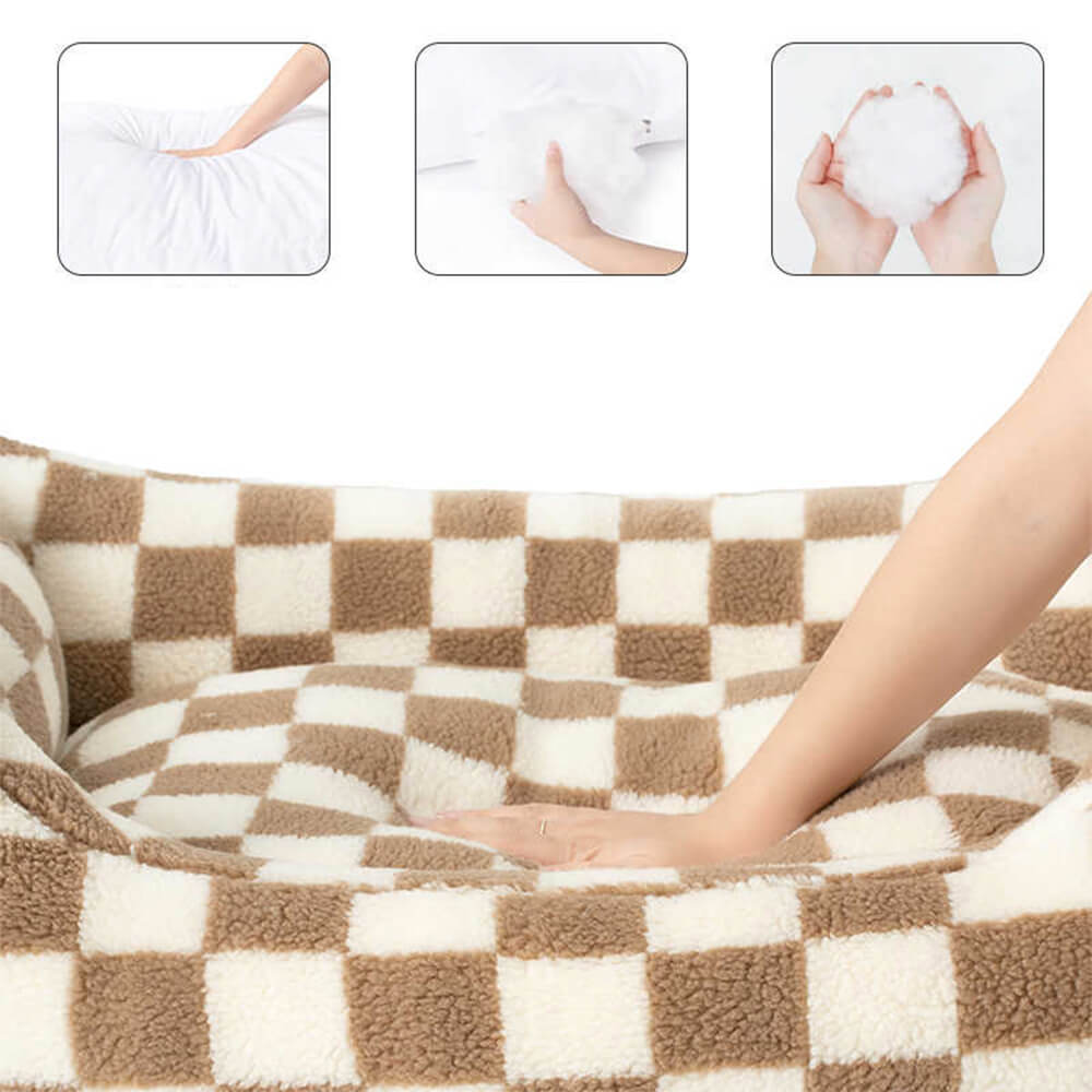 Stylish checkerboard cat bed with raised edges for security, removable cover, luxury pet furnishing