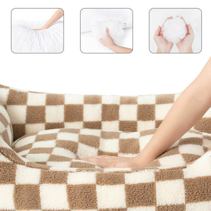 Stylish checkerboard cat bed with raised edges for security, removable cover, luxury pet furnishing