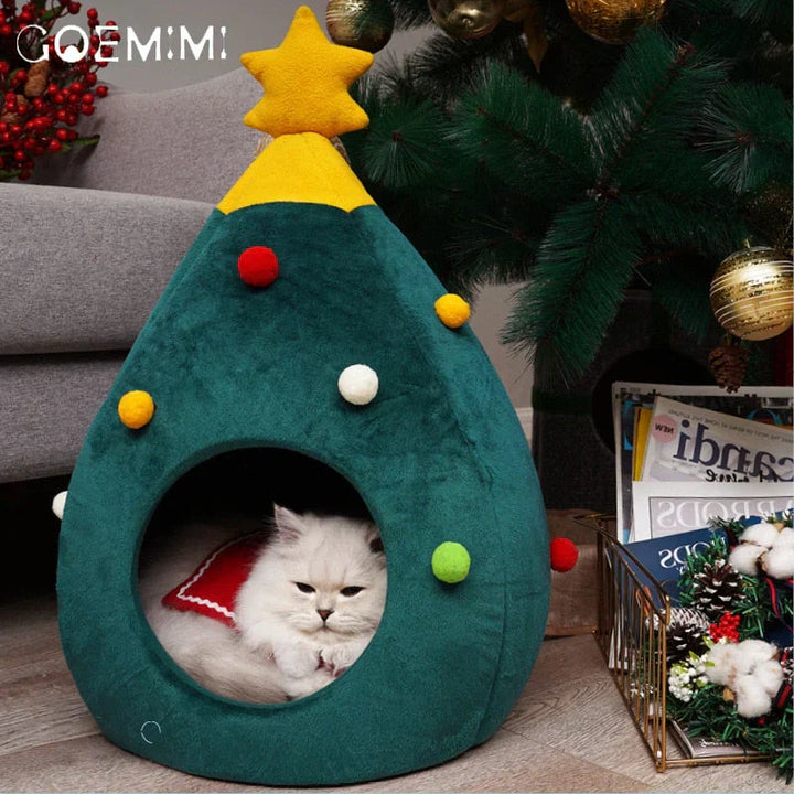 Plush green Christmas tree pet house, perfect for small cats to relax in