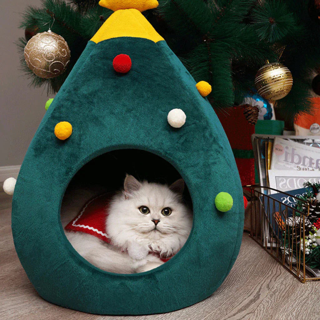 Festive cat bed shaped like a Christmas tree, adding holiday charm to your home