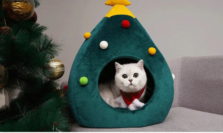 Soft cat bed with a Christmas tree design, offering a warm retreat for pets