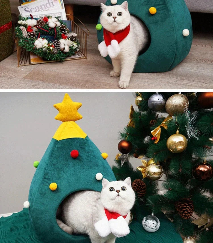 Green plush cat bed resembling a Christmas tree, ideal for feline comfort