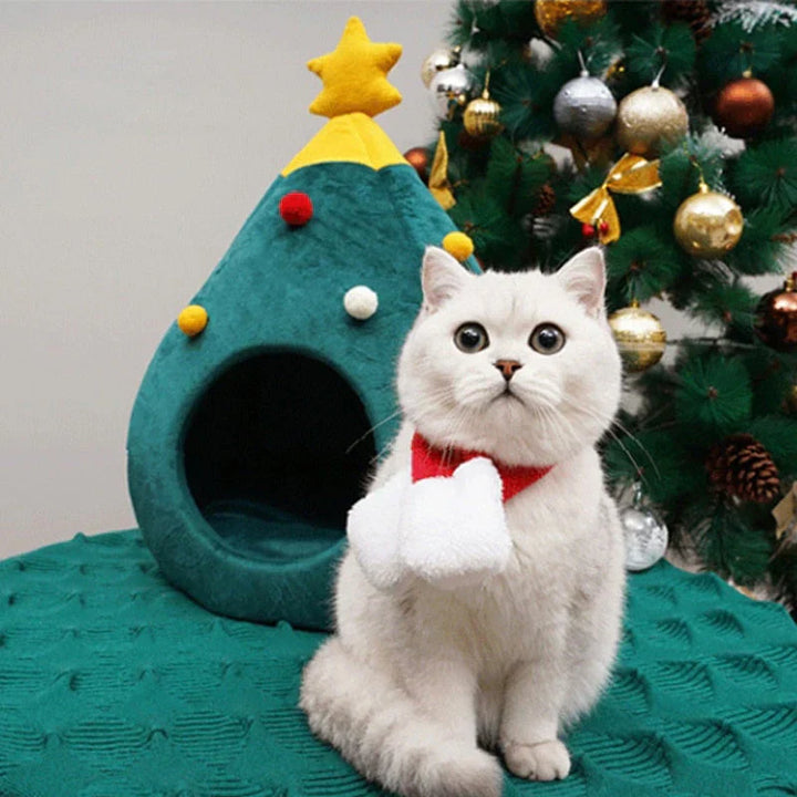 Holiday-themed cat bed; a festive Christmas tree pet house for cozy naps