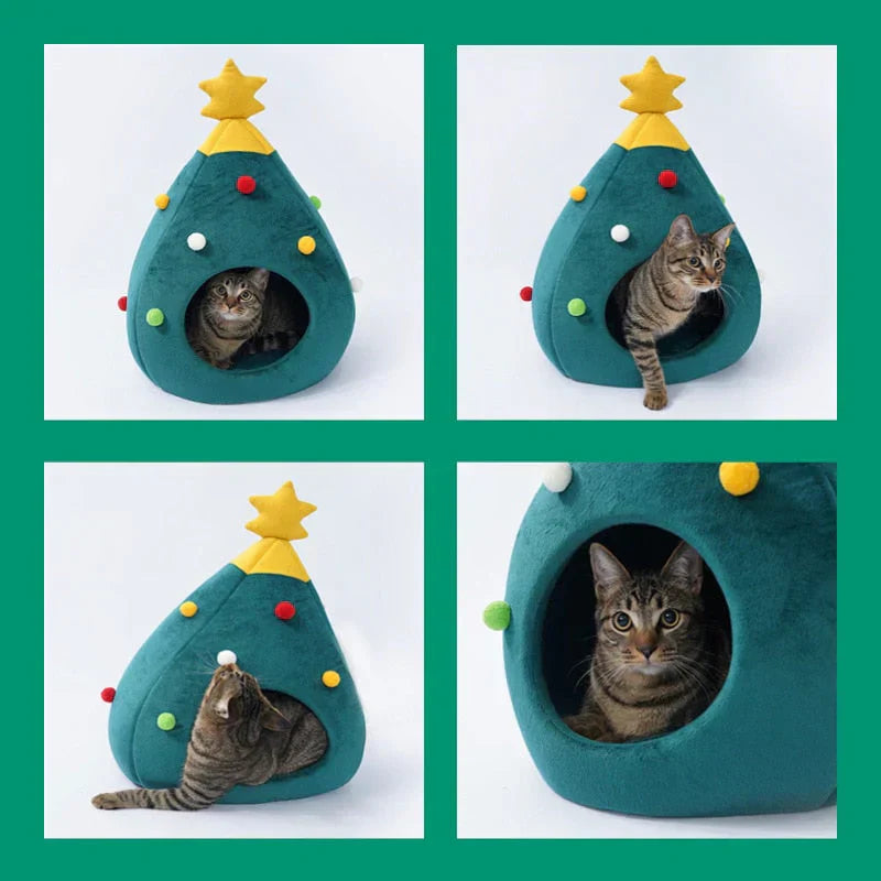 Cute cat bed shaped like a Christmas tree, perfect for holiday pet accessories