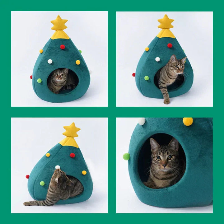 Cute cat bed shaped like a Christmas tree, perfect for holiday pet accessories
