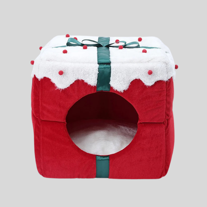 Cozy covered pet bed with festive Christmas pattern and non-slip base for dogs and cats