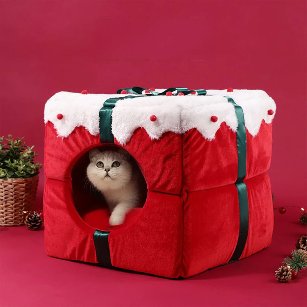 Christmas pet house bed, enclosed design provides warmth, non-slip base, perfect for cats & dogs