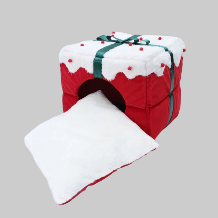 Warm pet bed, 'New4' covered style with holiday print and non-slip base for cozy pet naps