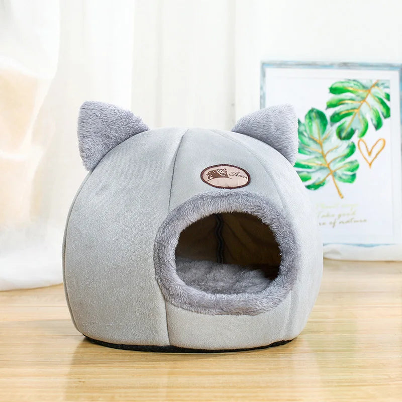 Cozy deep sleep pet tent bed for cats & small dogs, soft grey fabric, perfect for anxiety relief.