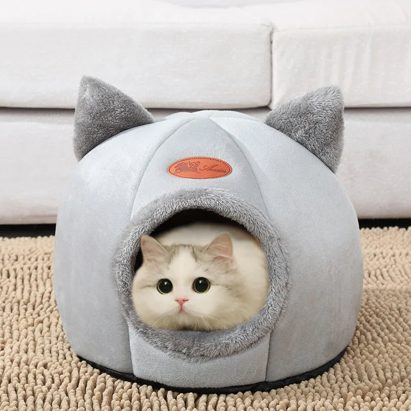 Warm pet tent bed with plush interior, ideal for deep sleep for small cats and dog breeds.