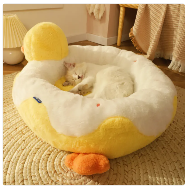 Close-up of a cozy duck cat bed, showcasing its plush texture and comfy design for pets.
