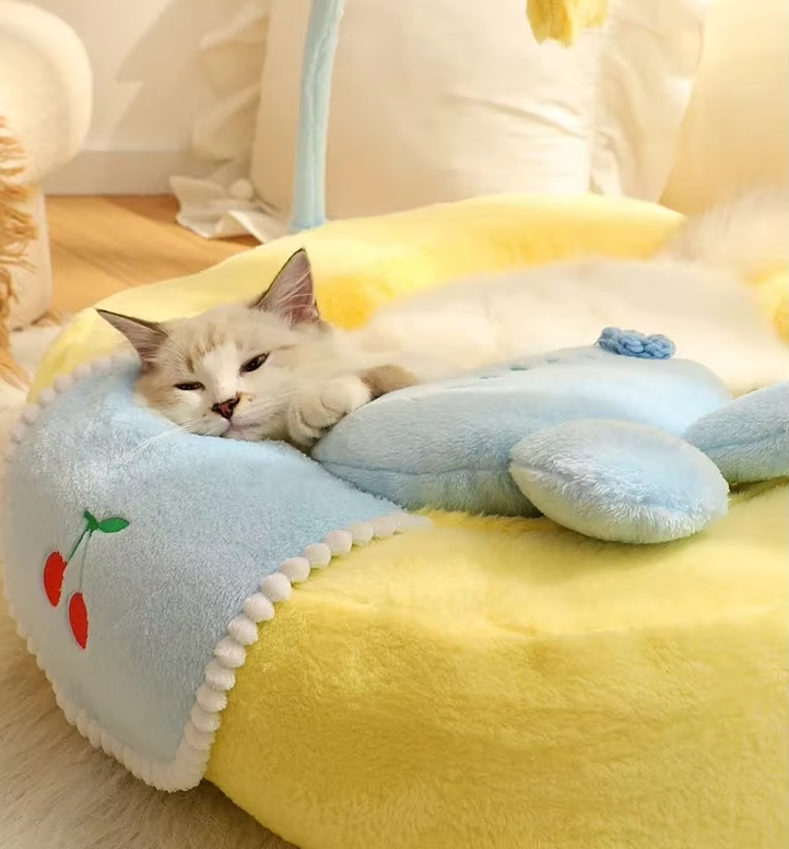 Duck-themed cat bed, ideal soft cat furniture for pet relaxation and comfortable napping.