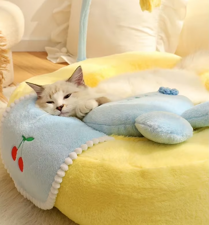 Duck-themed cat bed, ideal soft cat furniture for pet relaxation and comfortable napping.