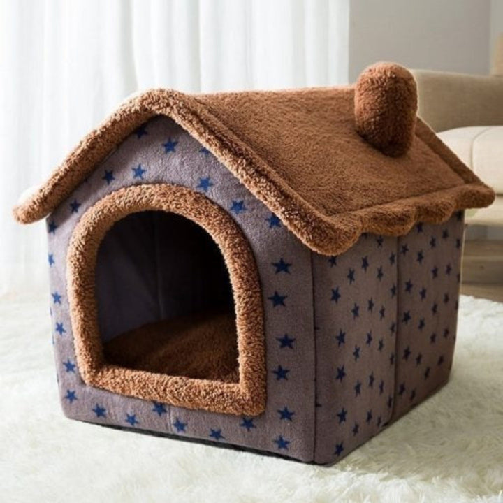 Cozy enclosed cat house in a soft grey, offering a private pet hideaway for feline comfort.