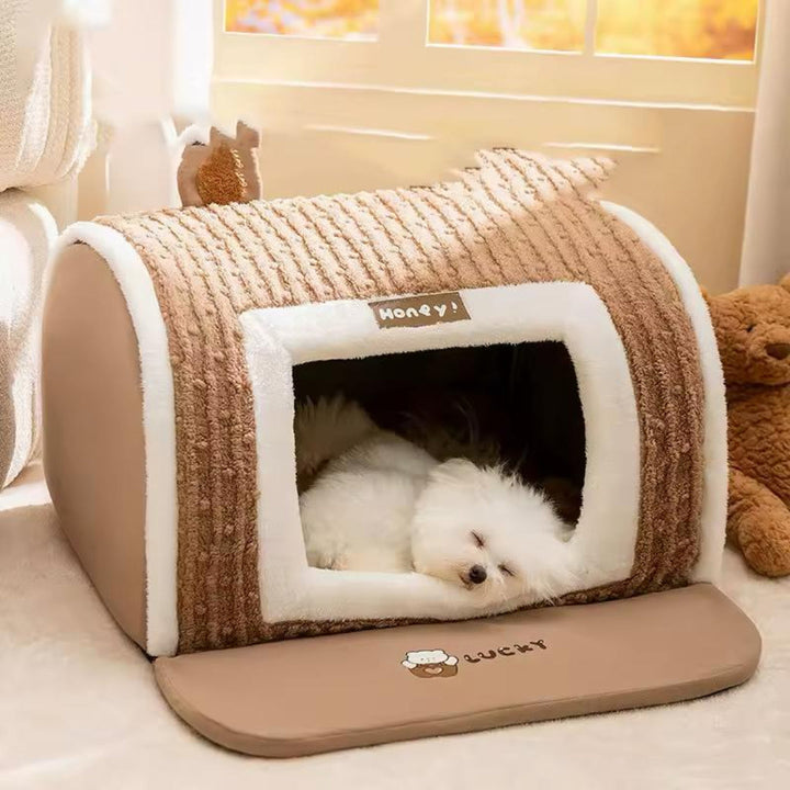 Cozy enclosed dog bed, perfect for small to medium pets seeking a secure winter retreat. Washable pet house.