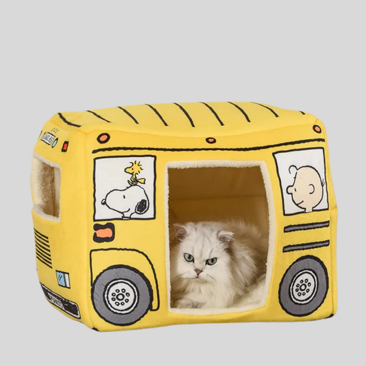 Cozy enclosed dog bed shaped like a bus for small to medium pets, plush and soft pet furniture.