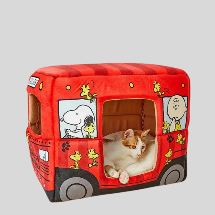 Bus-designed pet house, an enclosed plush dog bed perfect for small dogs and cats.