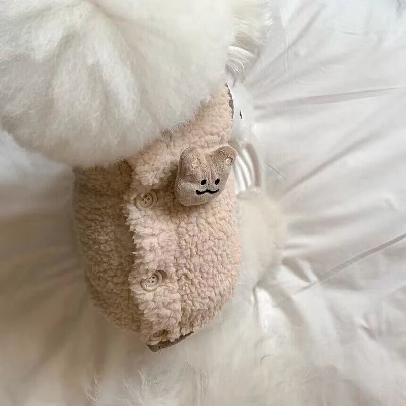 Close-up of a luxurious faux fur dog vest, highlighting the texture and warmth for a pet