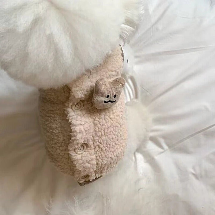 Close-up of a luxurious faux fur dog vest, highlighting the texture and warmth for a pet
