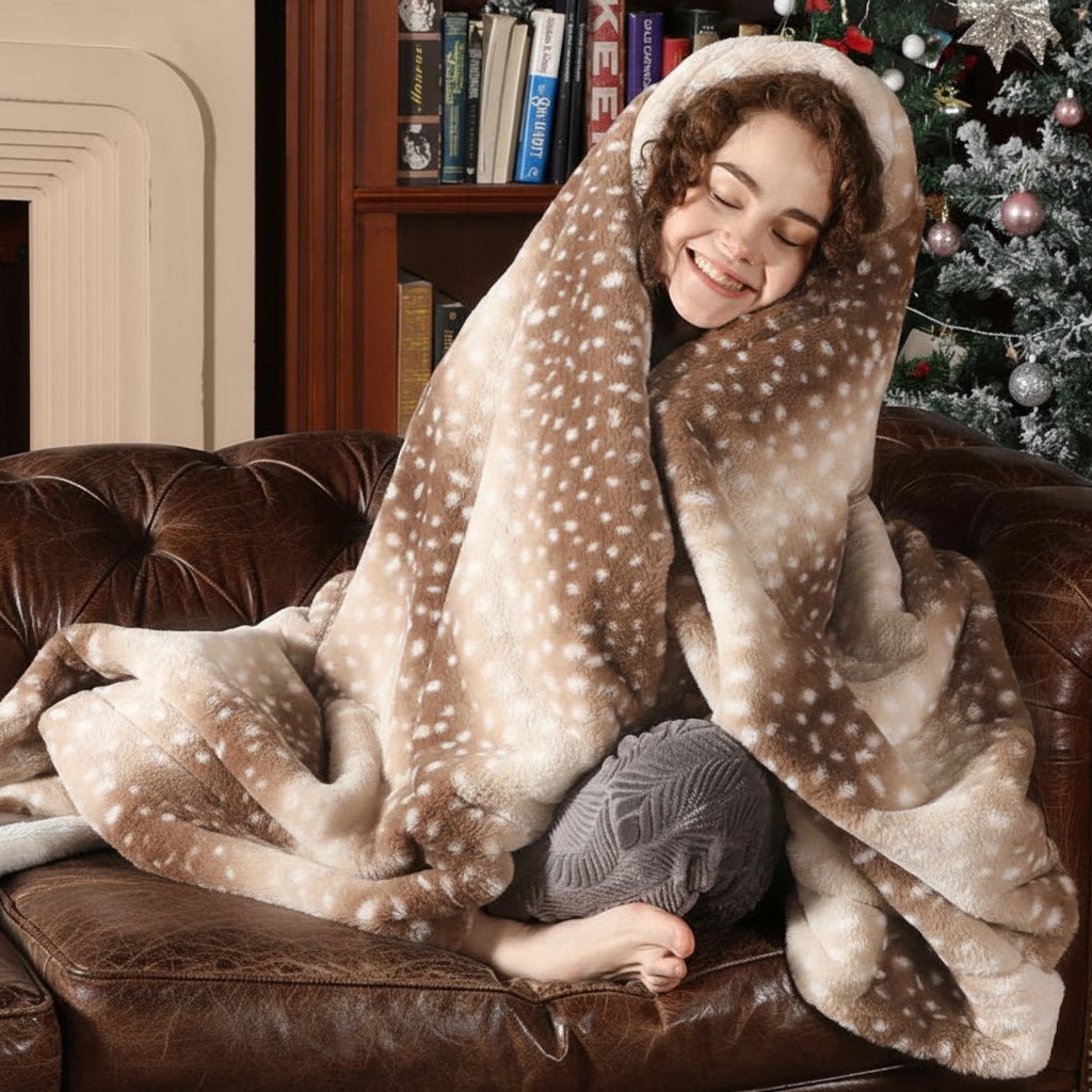 Soft faux fur throw blanket, plush & cozy, ideal for snuggling, adding warmth to any bedroom.