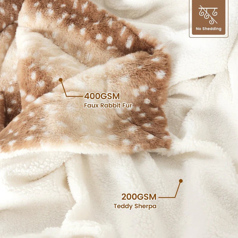 Elegant faux fur & plush reversible blanket, a warm, soft throw for cozy bedroom comfort.