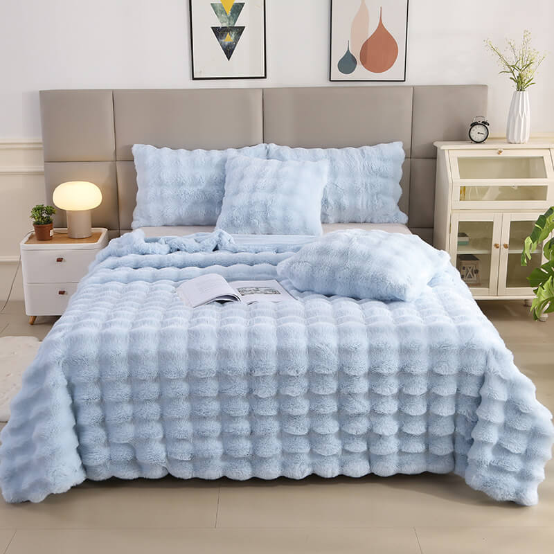 Rabbit fur-like bubble texture blanket and pillowcase, soft and cozy addition to decor