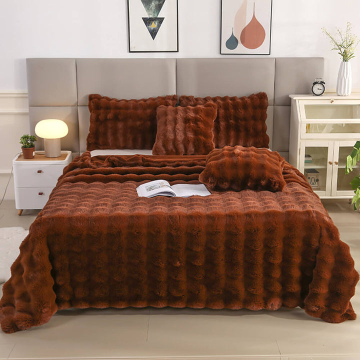 Modern faux rabbit fur throw and pillowcase, durable and easy to maintain bedding