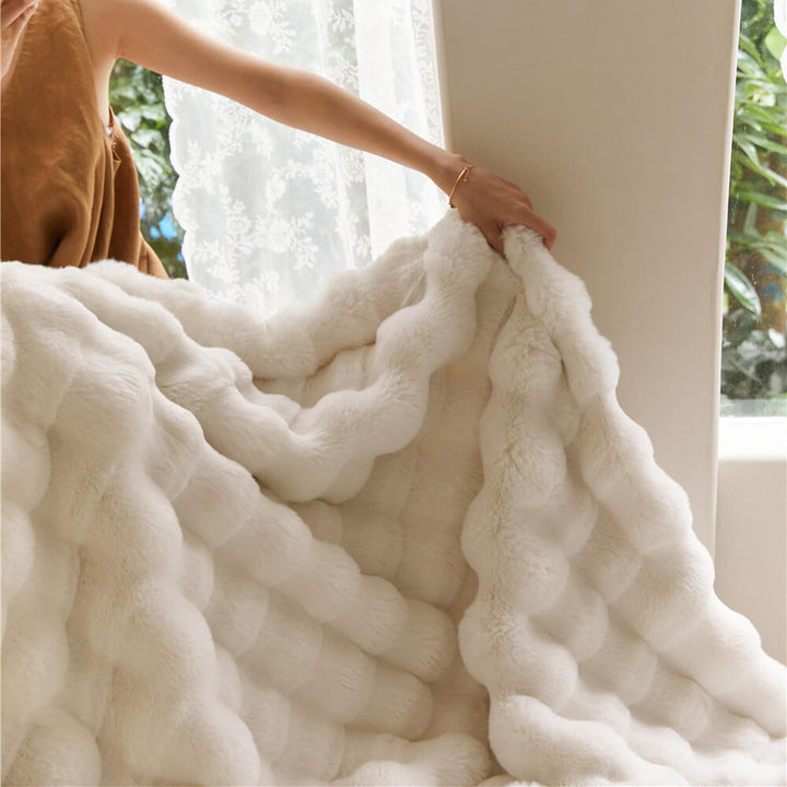 Luxurious faux rabbit fur throw blanket, pet-friendly and thickened for extra warmth