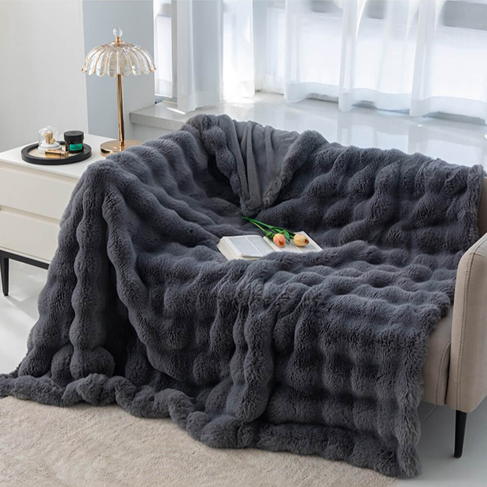 Bubble textured faux fur blanket and pillowcase set, offering luxurious comfort