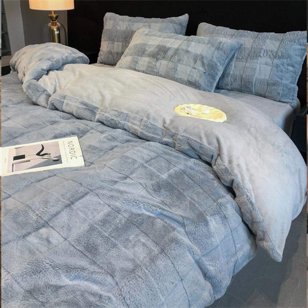 Complete grey faux rabbit fur velvet sheet set, includes quilt cover, fitted sheet, pillowcases