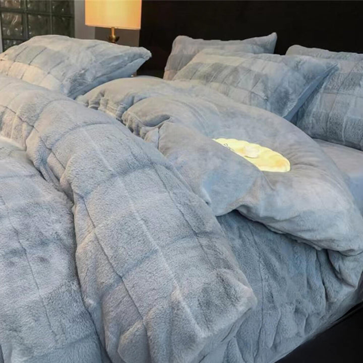 Designer green faux rabbit fur milk velvet bedding set, modern bedroom textile
