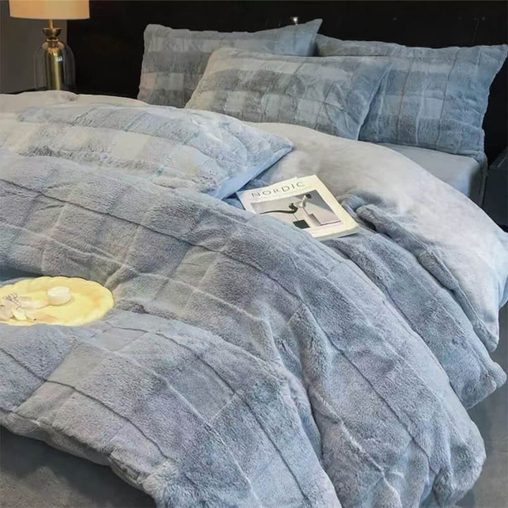 Super soft blue faux rabbit fur milk velvet bed sheets, comfort and style combined