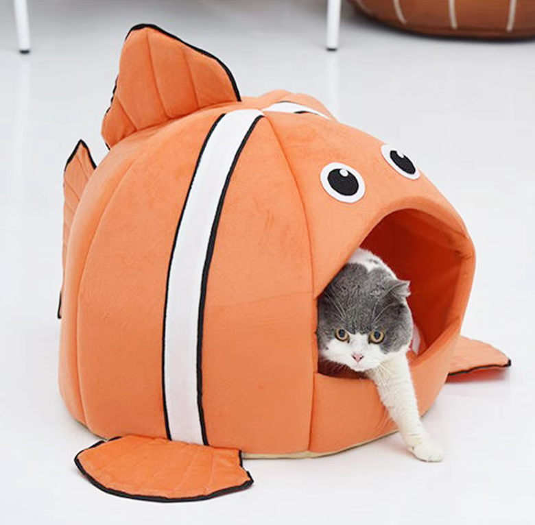 Feline accessories: a warm and soft fish design cat cave bed for pets
