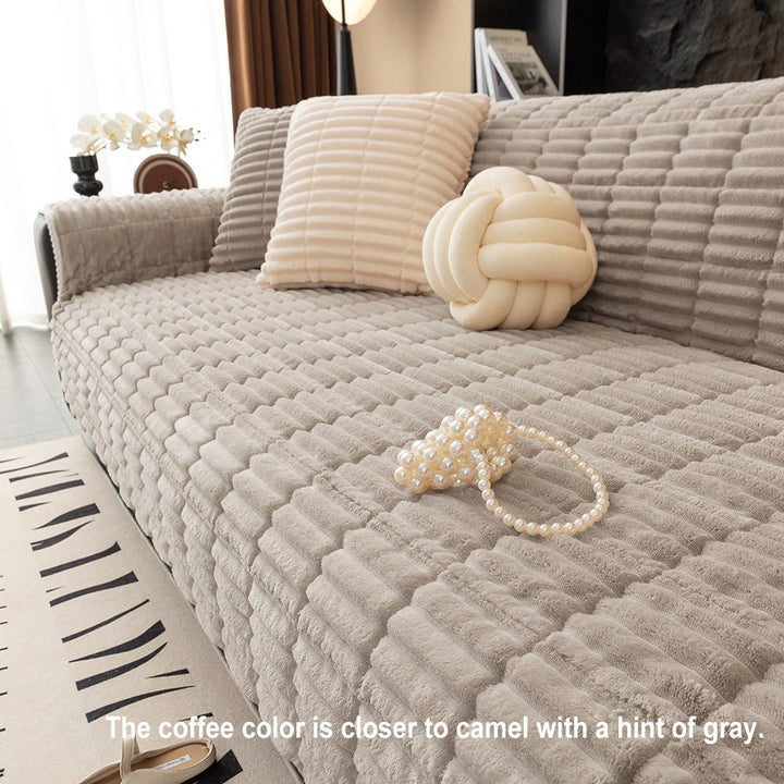 Flannel couch cover for living room, designed with non-slip features for active families.
