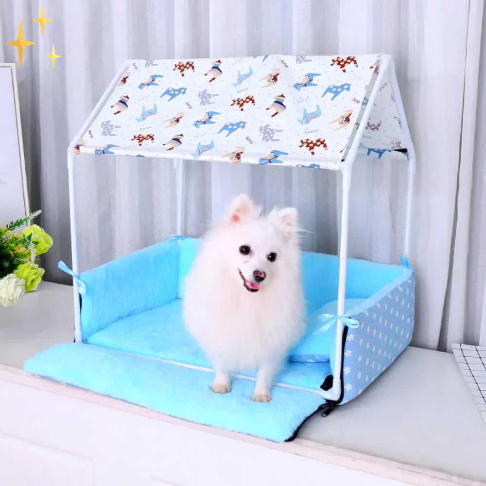 Cozy fleece dog bed with protective roof, ideal for small pets, washable for easy care, pet sleep mat