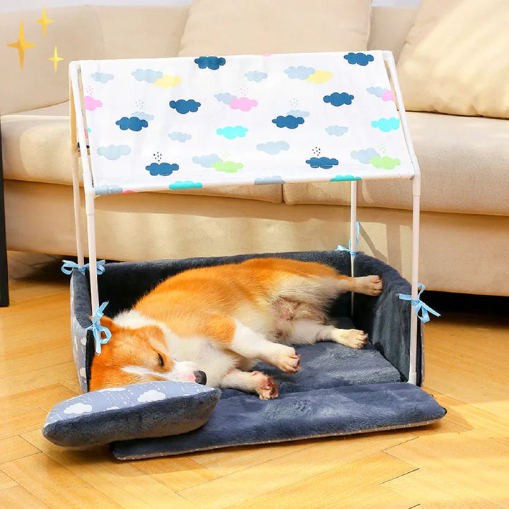 Washable pet sleep mat with protective roof, cozy fleece for dogs and cats, pet furniture comfort